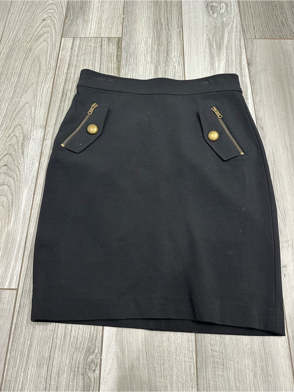 Ann Taylor Black Pencil Skirt with Gold Zip and Button Accents